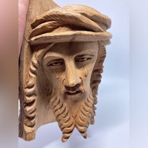 Vintage Weeping Jesus Wood Hand Carved Religious Folk Art